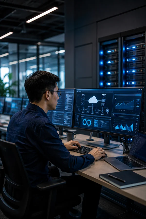 Ilustrasi sistem operasional digital dan kontrol panel member JagoTrending Partner